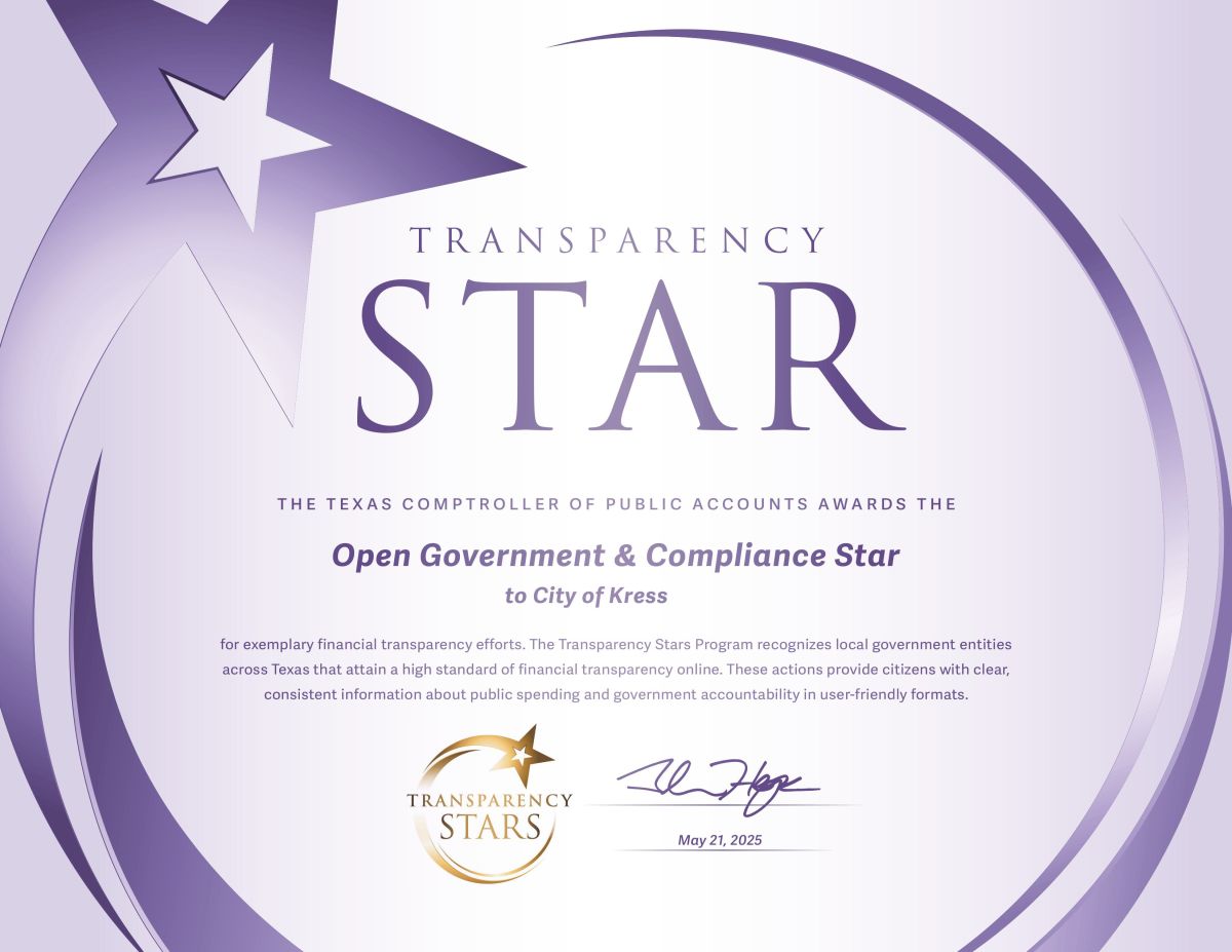 Texas Comptroller of Public Accounts Star Awarded to Kress, TX
